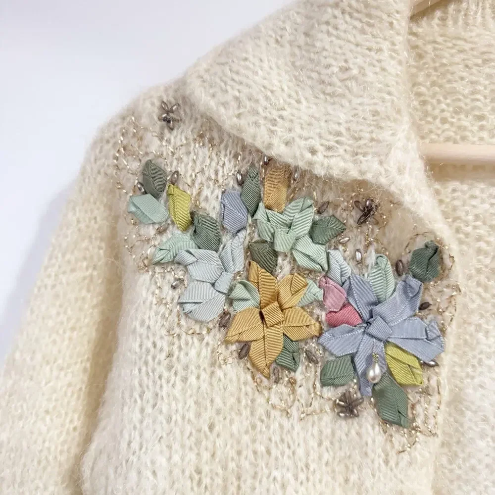 Vintage Handmade 3D Mohair Wool Ivory Beaded Cardigan - Picture 3 of 4